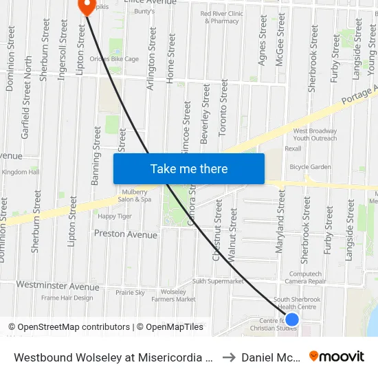 Westbound Wolseley at Misericordia Health Centre to Daniel McIntyre map