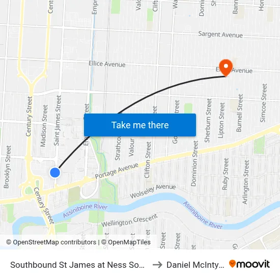 Southbound St James at Ness South to Daniel McIntyre map