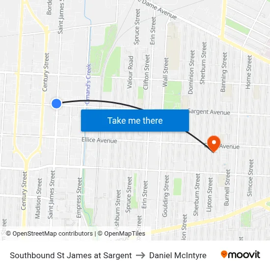 Southbound St James at Sargent to Daniel McIntyre map