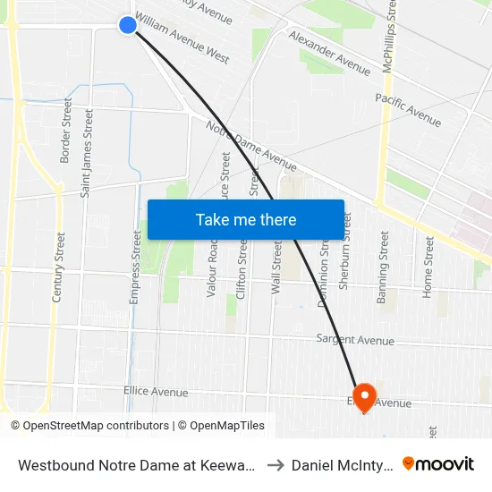 Westbound Notre Dame at Keewatin to Daniel McIntyre map