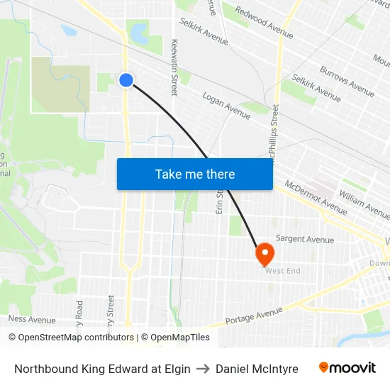 Northbound King Edward at Elgin to Daniel McIntyre map