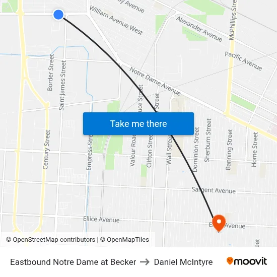 Eastbound Notre Dame at Becker to Daniel McIntyre map