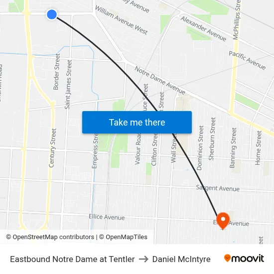Eastbound Notre Dame at Tentler to Daniel McIntyre map