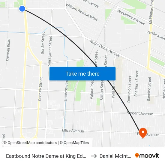 Eastbound Notre Dame at King Edward to Daniel McIntyre map