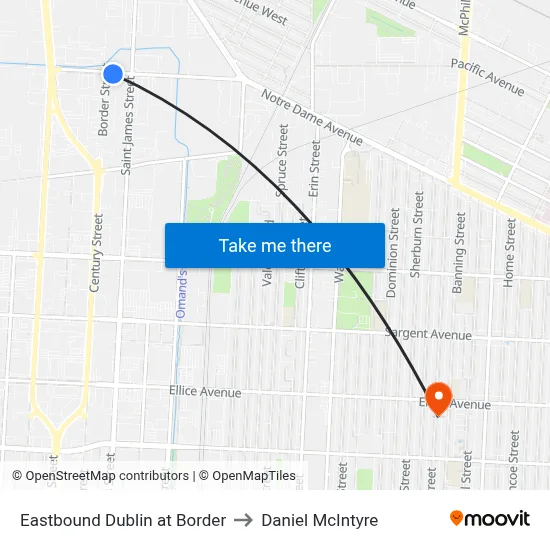 Eastbound Dublin at Border to Daniel McIntyre map