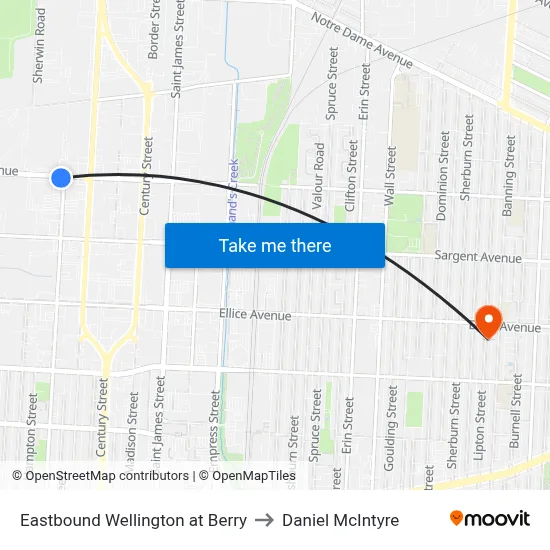 Eastbound Wellington at Berry to Daniel McIntyre map