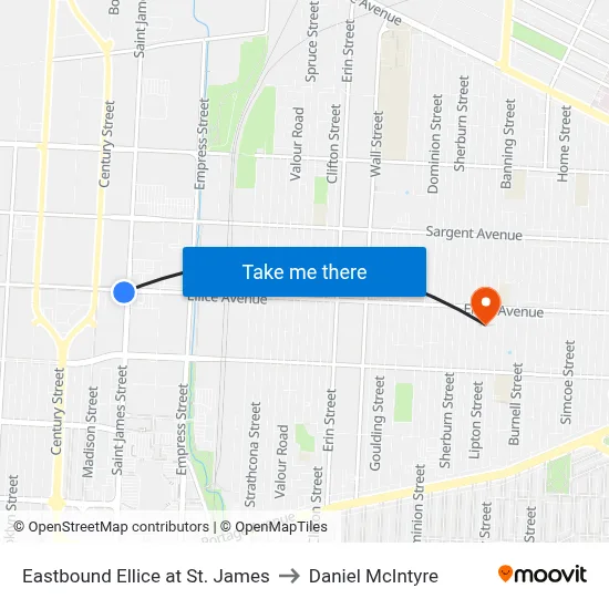 Eastbound Ellice at St. James to Daniel McIntyre map