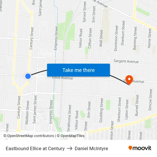 Eastbound Ellice at Century to Daniel McIntyre map