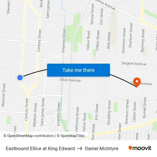 Eastbound Ellice at King Edward to Daniel McIntyre map