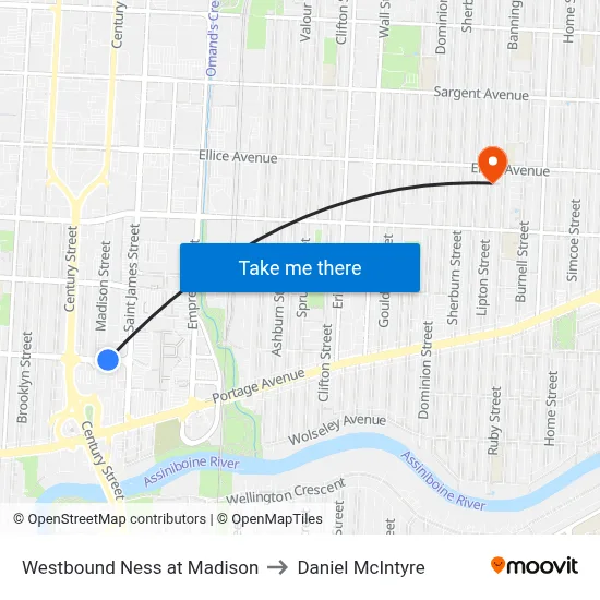 Westbound Ness at Madison to Daniel McIntyre map