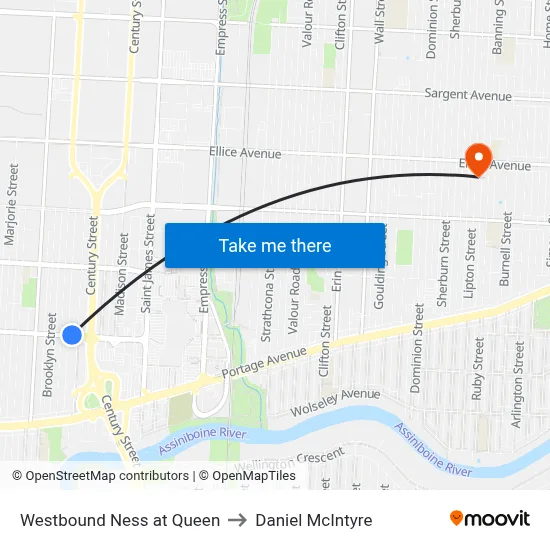 Westbound Ness at Queen to Daniel McIntyre map