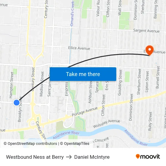 Westbound Ness at Berry to Daniel McIntyre map