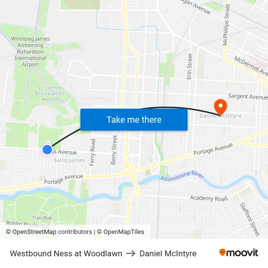 Westbound Ness at Woodlawn to Daniel McIntyre map