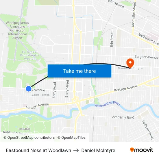Eastbound Ness at Woodlawn to Daniel McIntyre map