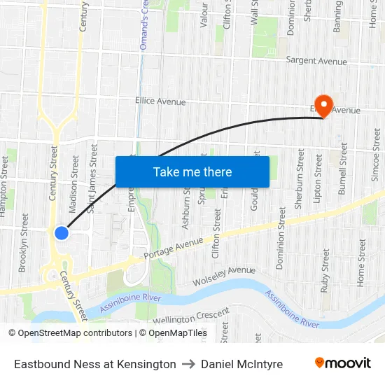 Eastbound Ness at Kensington to Daniel McIntyre map