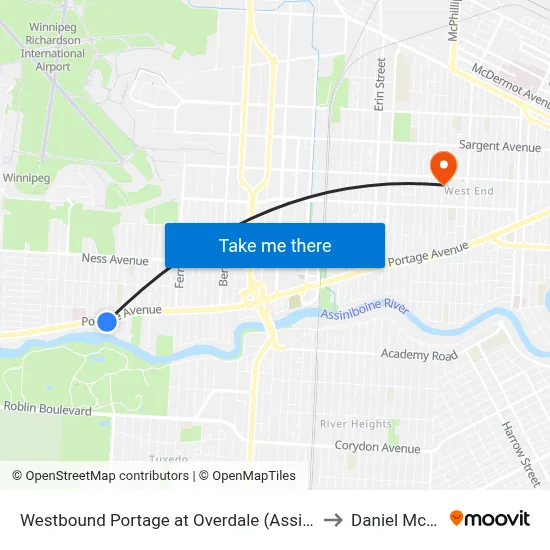 Westbound Portage at Overdale (Assiniboine Park) to Daniel McIntyre map