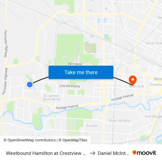 Westbound Hamilton at Crestview Park to Daniel McIntyre map
