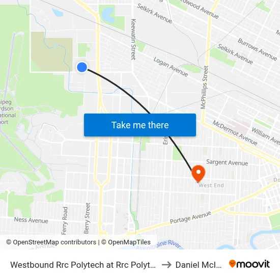 Westbound Rrc Polytech at Rrc Polytech (D18) to Daniel McIntyre map
