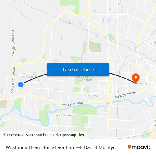 Westbound Hamilton at Redfern to Daniel McIntyre map