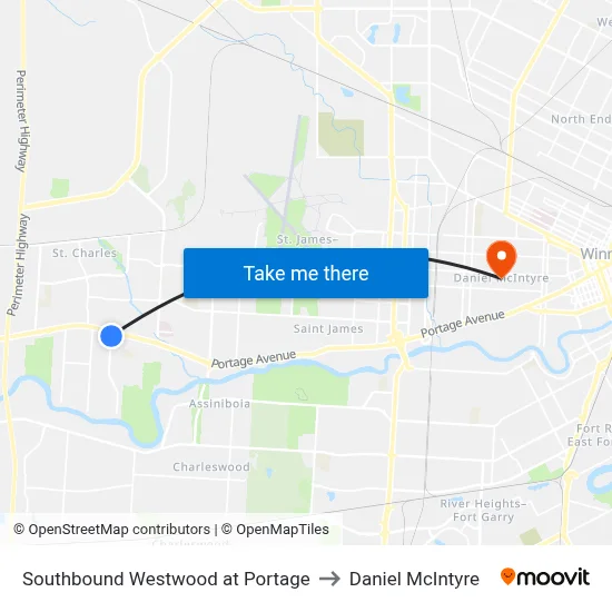 Southbound Westwood at Portage to Daniel McIntyre map