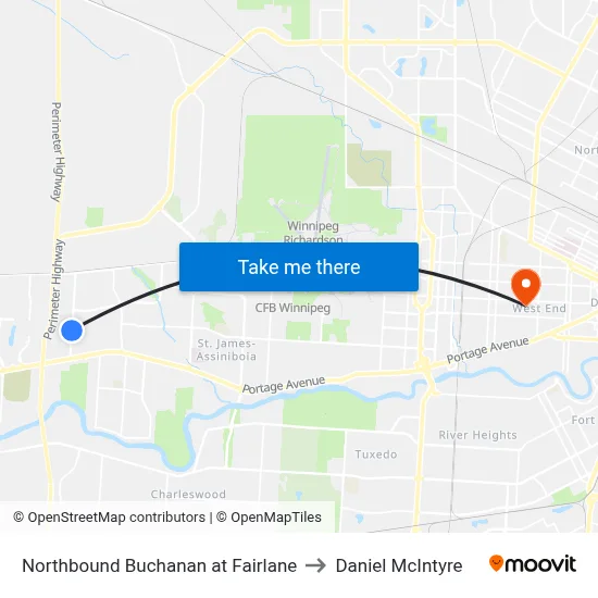 Northbound Buchanan at Fairlane to Daniel McIntyre map