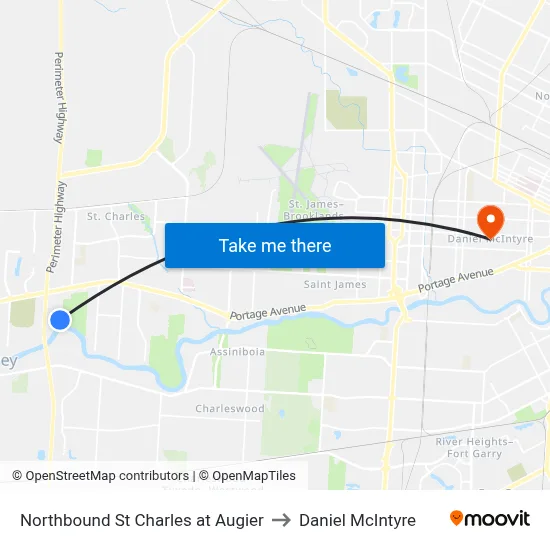Northbound St Charles at Augier to Daniel McIntyre map