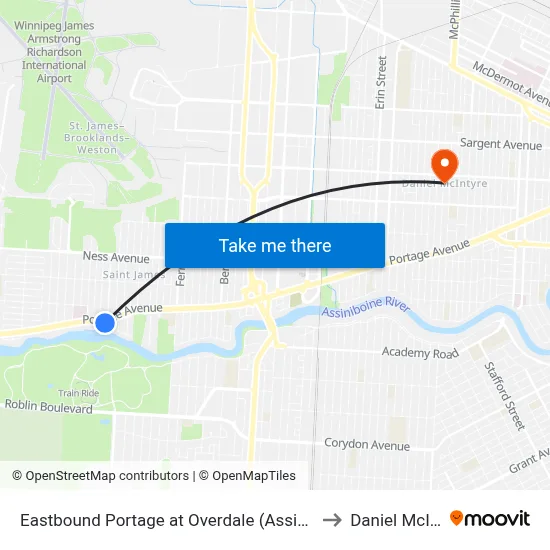 Eastbound Portage at Overdale (Assiniboine Park) to Daniel McIntyre map