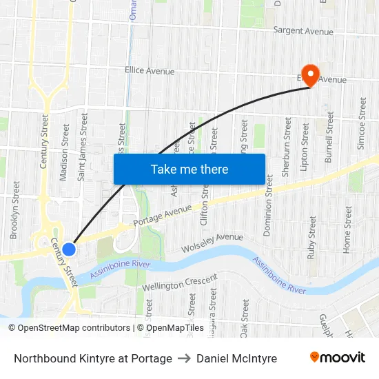Northbound Kintyre at Portage to Daniel McIntyre map