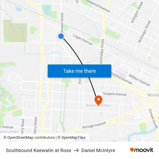 Southbound Keewatin at Ross to Daniel McIntyre map