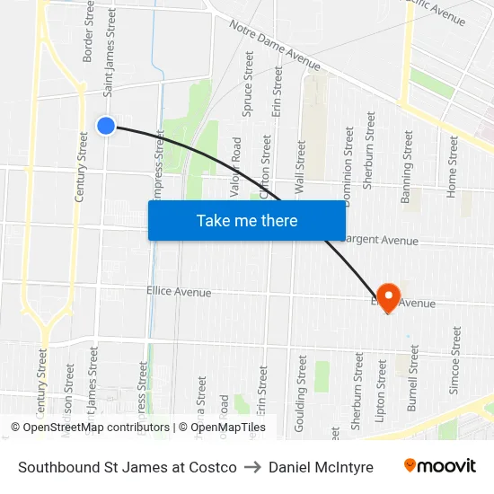 Southbound St James at Costco to Daniel McIntyre map