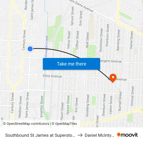 Southbound St James at Superstore to Daniel McIntyre map