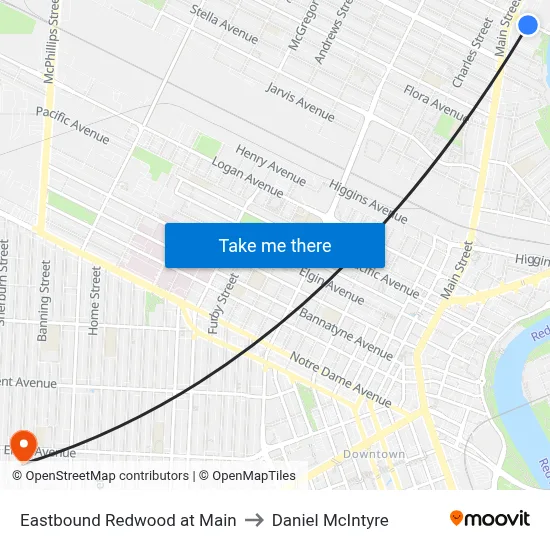 Eastbound Redwood at Main to Daniel McIntyre map