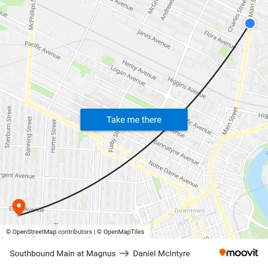 Southbound Main at Magnus to Daniel McIntyre map