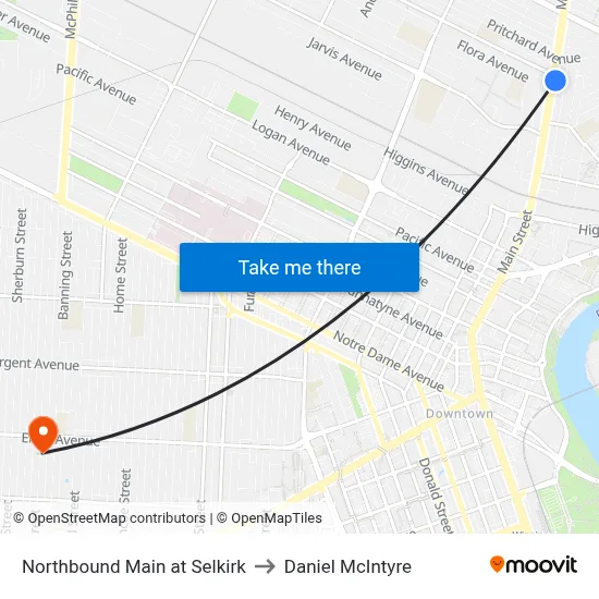 Northbound Main at Selkirk to Daniel McIntyre map