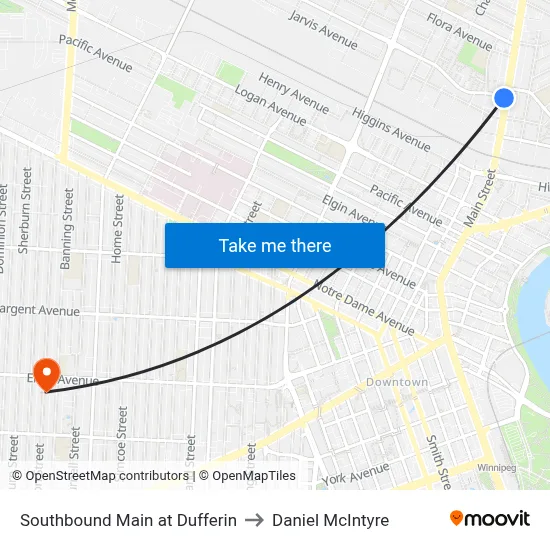Southbound Main at Dufferin to Daniel McIntyre map