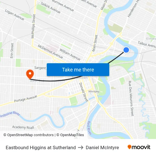 Eastbound Higgins at Sutherland to Daniel McIntyre map