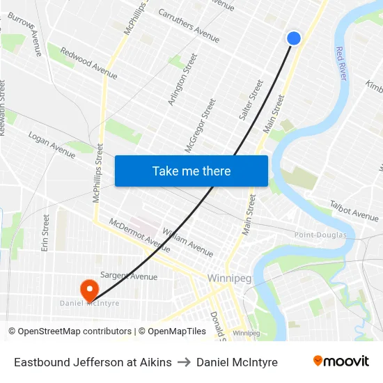 Eastbound Jefferson at Aikins to Daniel McIntyre map