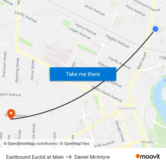 Eastbound Euclid at Main to Daniel McIntyre map