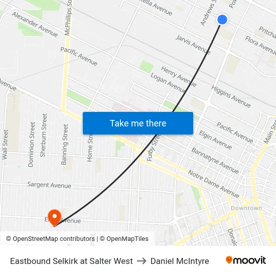Eastbound Selkirk at Salter West to Daniel McIntyre map