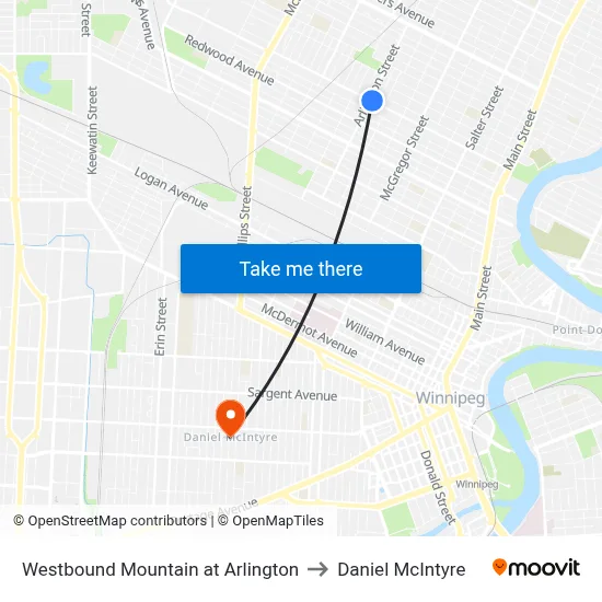 Westbound Mountain at Arlington to Daniel McIntyre map