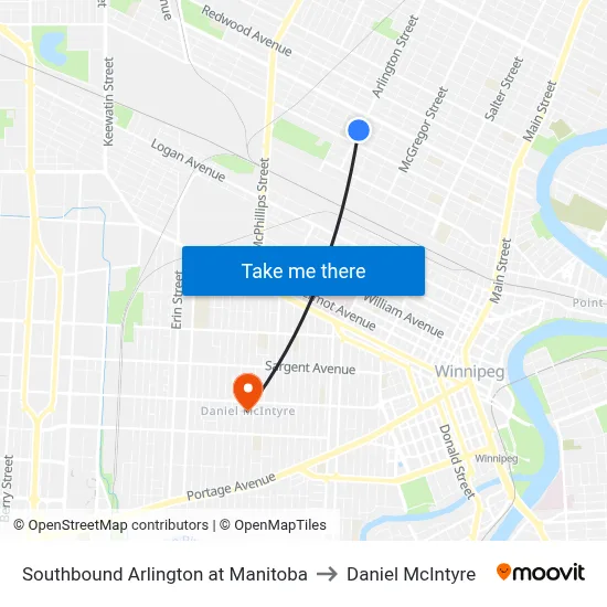Southbound Arlington at Manitoba to Daniel McIntyre map