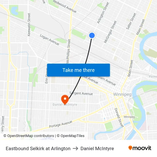 Eastbound Selkirk at Arlington to Daniel McIntyre map