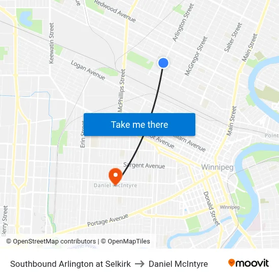 Southbound Arlington at Selkirk to Daniel McIntyre map