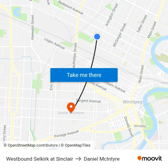 Westbound Selkirk at Sinclair to Daniel McIntyre map