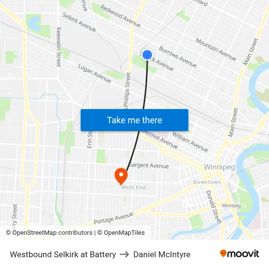 Westbound Selkirk at Battery to Daniel McIntyre map