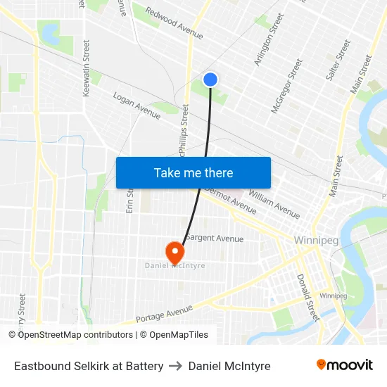 Eastbound Selkirk at Battery to Daniel McIntyre map