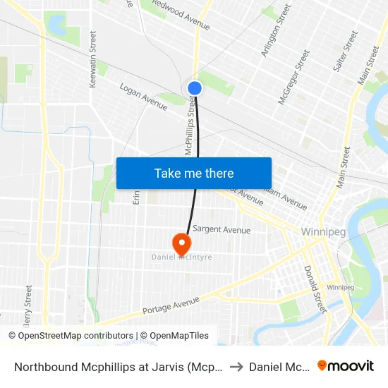 Northbound Mcphillips at Jarvis (Mcphillips Station) to Daniel McIntyre map