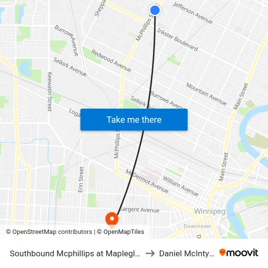 Southbound Mcphillips at Mapleglen to Daniel McIntyre map