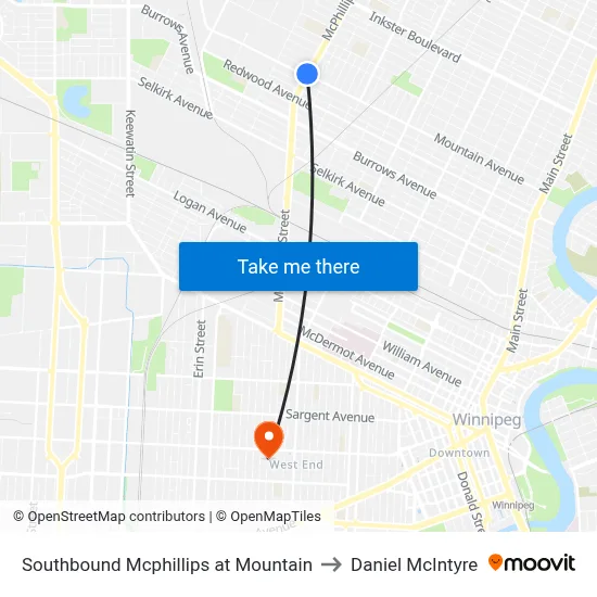Southbound Mcphillips at Mountain to Daniel McIntyre map