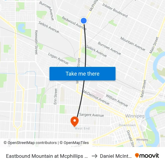 Eastbound Mountain at Mcphillips West to Daniel McIntyre map